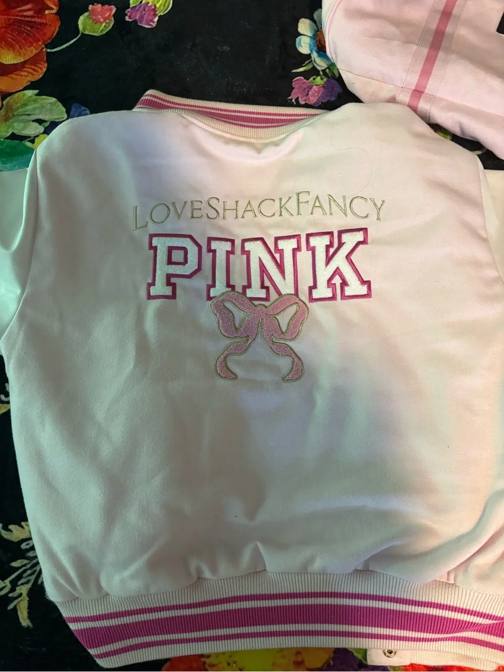 LoveShackFancy Pink and White Varsity Bomber Jacket - Picture 2 of 2